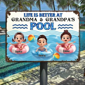 Life is Better at Grandma & Grandpa Pool Personalized Metal Sign, Grandchildren Welcome Sign