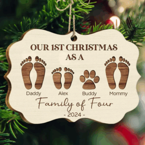 First Christmas As A Family Of Four Footprints - Personalized Medallion Wooden Ornament