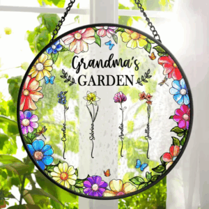 Floral Frame Birth Flower Grandma's Garden - Personalized Stained Glass Window Hanging Suncatcher