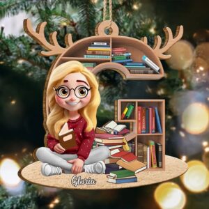 Reading Girl Monogram Bookish Keepsake - Personalized Custom Shaped Wooden Ornament