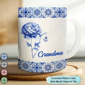 Mediterranean Pattern With Birth Month Flower - Personalized White Edge-to-Edge Mug