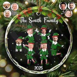 Custom Photo Christmas Family Elves - Personalized Circle Glass Ornament